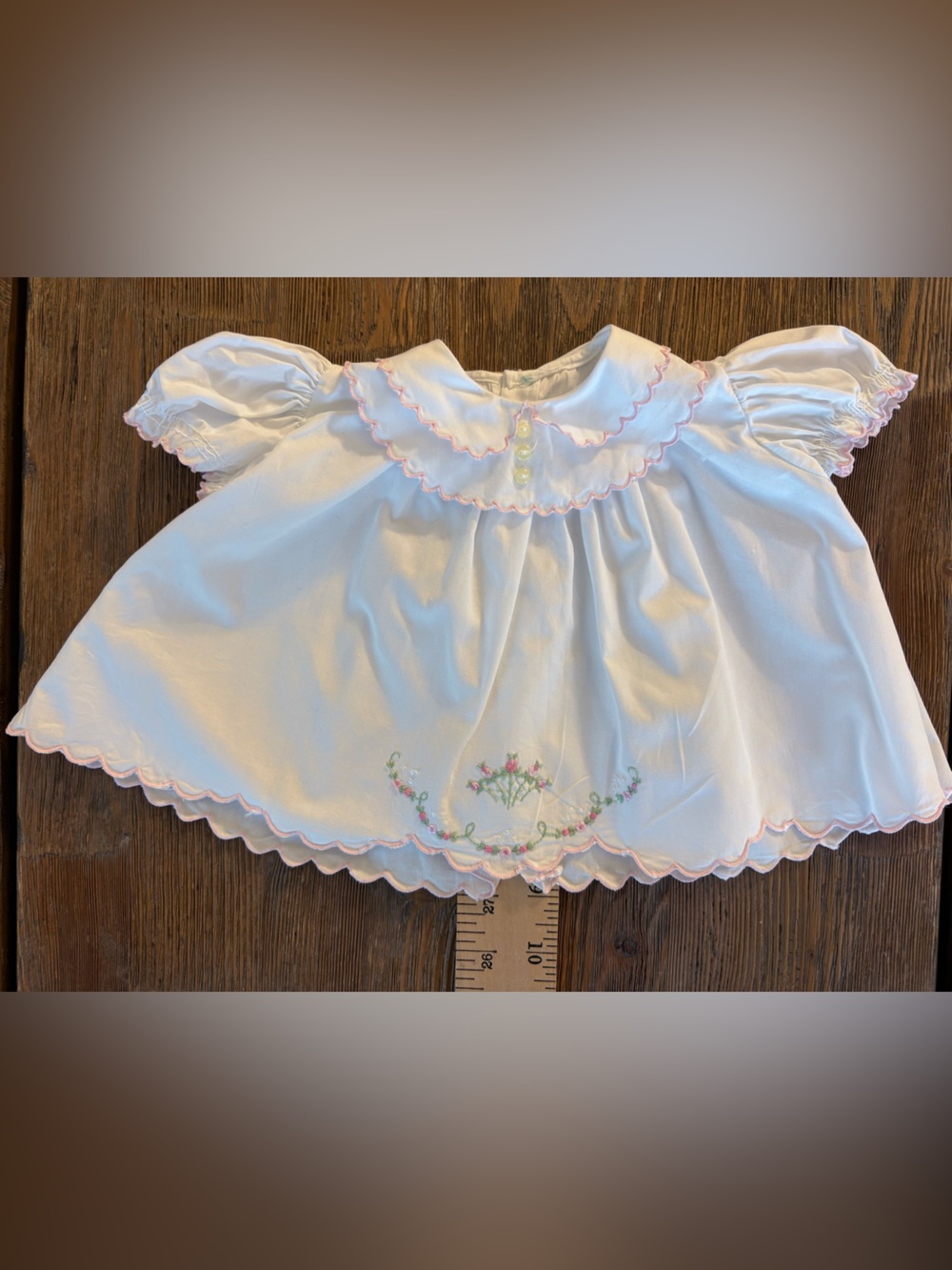 Vintage Baby Girl White Pink Scalloped Embroidered Floral Dress Daygown 3-6M